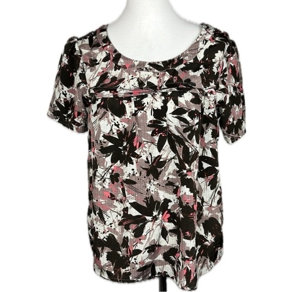 Japna Brown Pink Multi Colored Abstract Floral Short Sleeved Blouse Top Sz M - Picture 1 of 10
